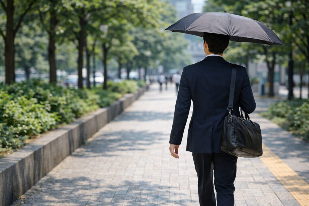 日傘を使ってリラックスして歩く男性