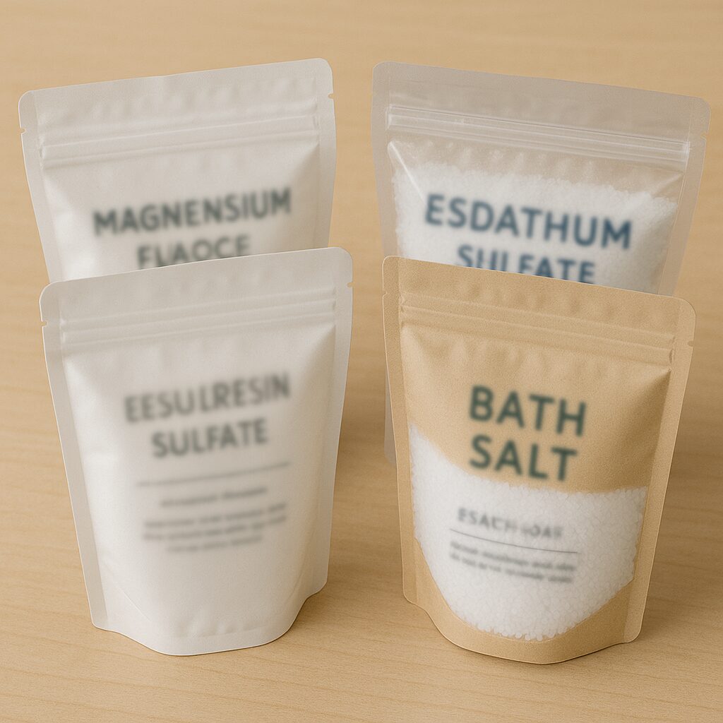 パッケージ表記をぼかして写した入浴剤の袋を複数並べる