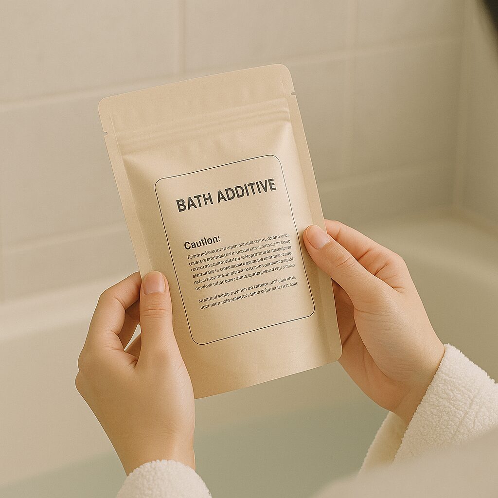 入浴剤のパッケージと注意書きを読む手元