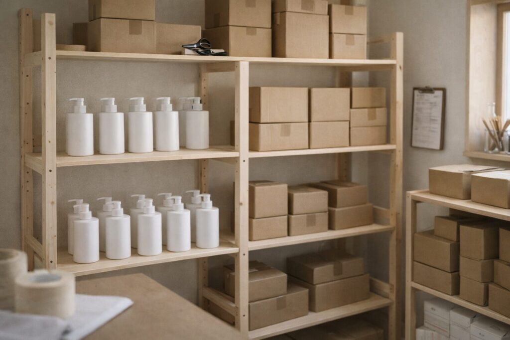 整然と並んだ棚に少量の商品が置かれている。