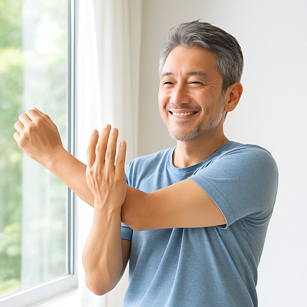 日光が差し込む窓辺で、健康的な中年男性がストレッチしている写真。