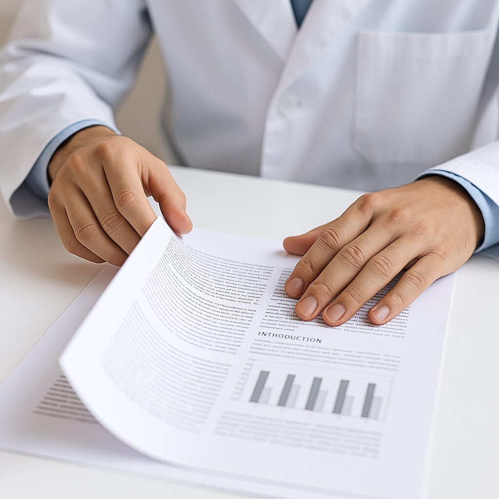 白衣の人物の“手元だけ”が資料をめくっている写真。