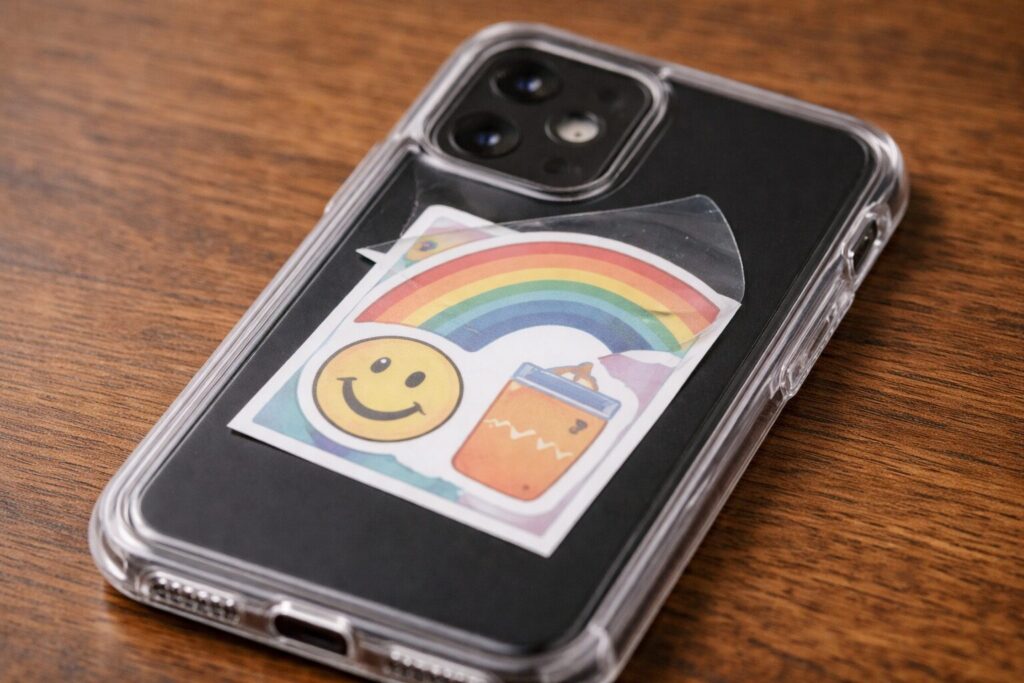 クリアケース+ステッカーが雑にズレている状態