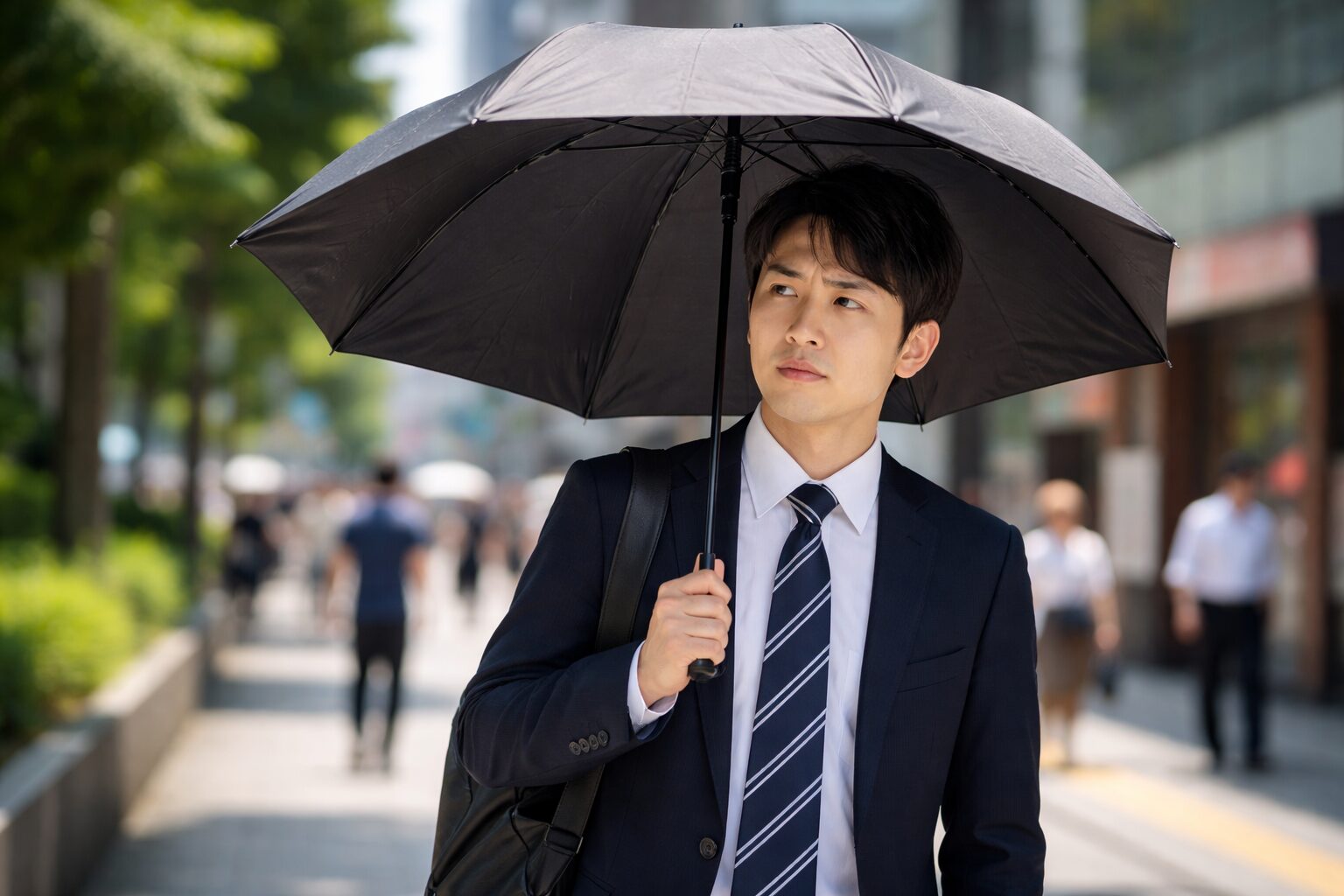 日傘を差しつつ、やや周囲を気にしている雰囲気