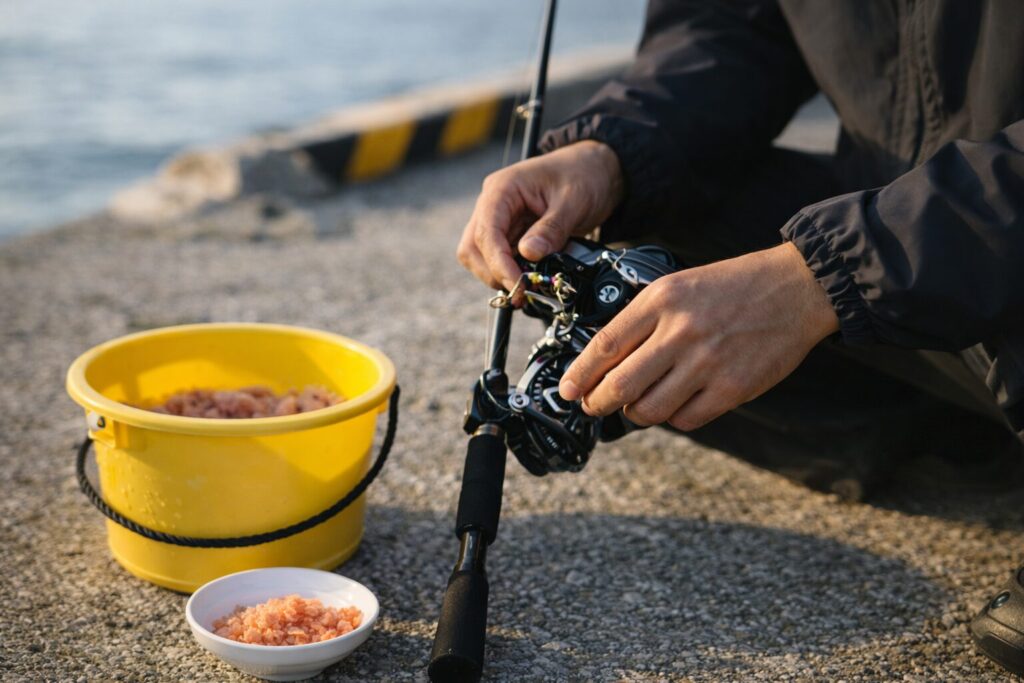 アミエビと付け餌を使うアジ釣りの基本準備