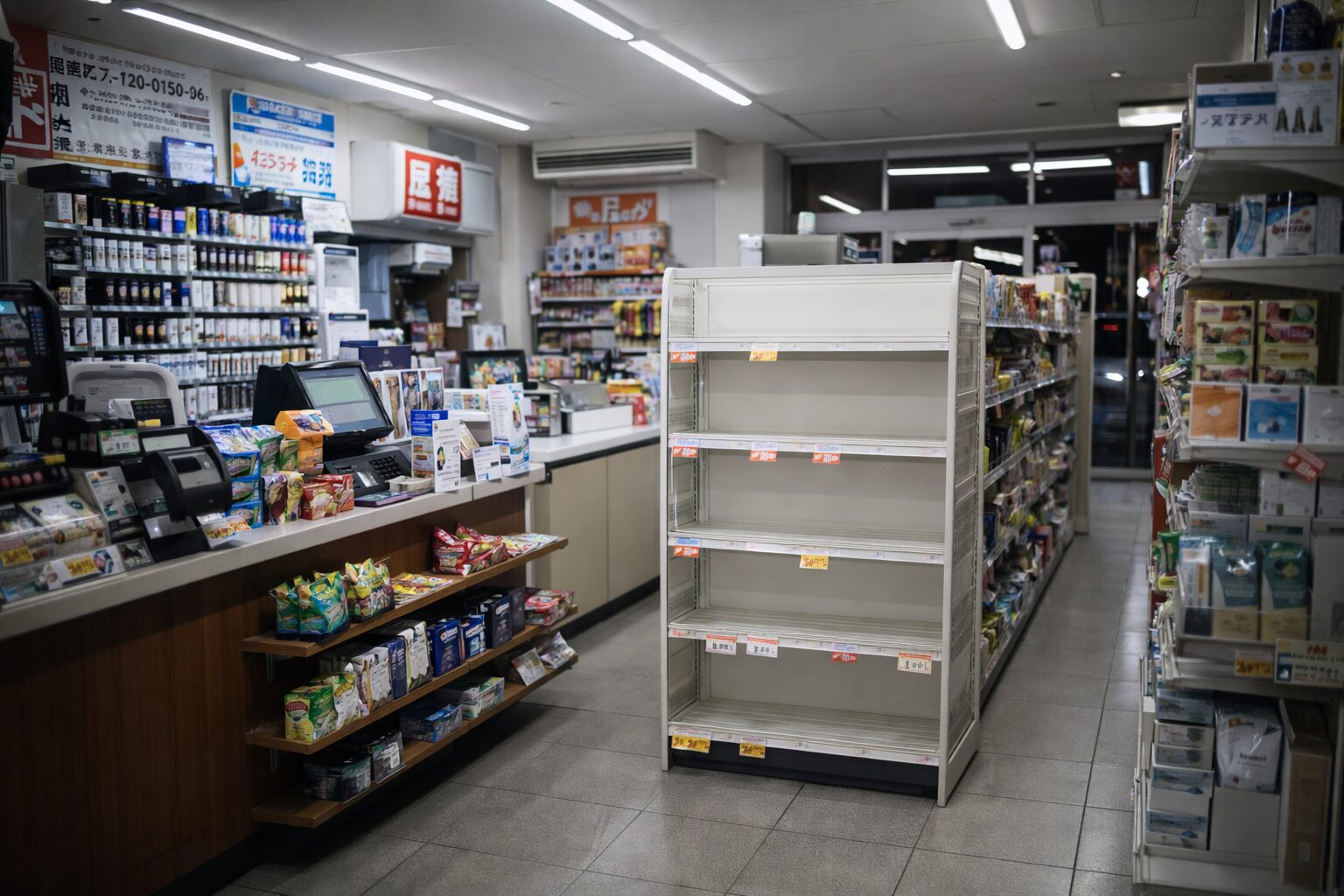 夜の日本のコンビニ店内。