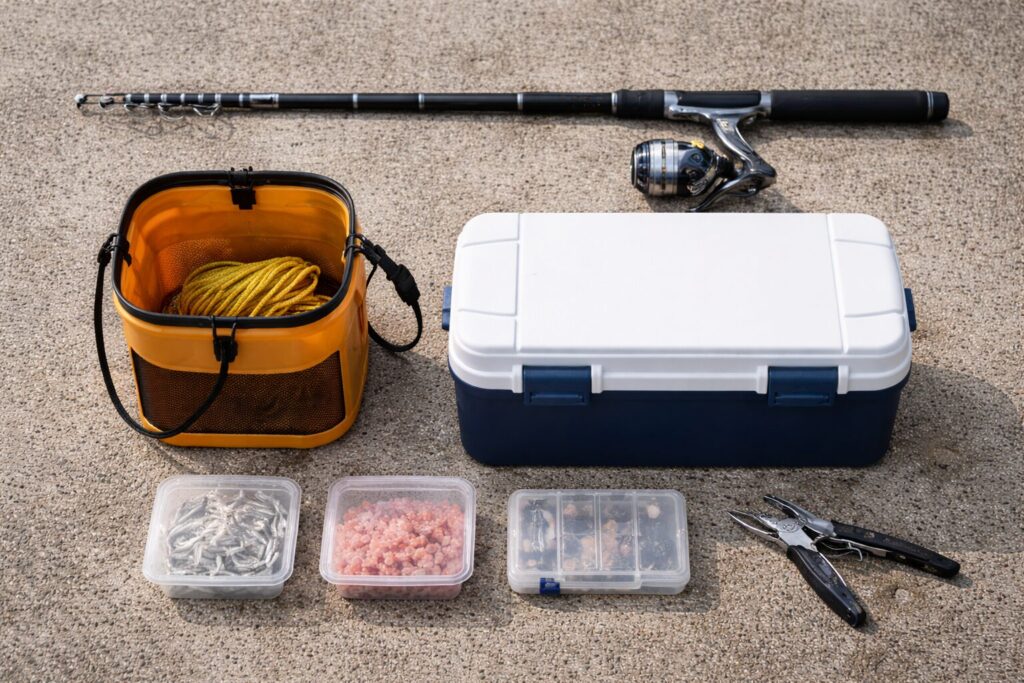 アジ釣りの餌と道具をまとめた全体イメージ