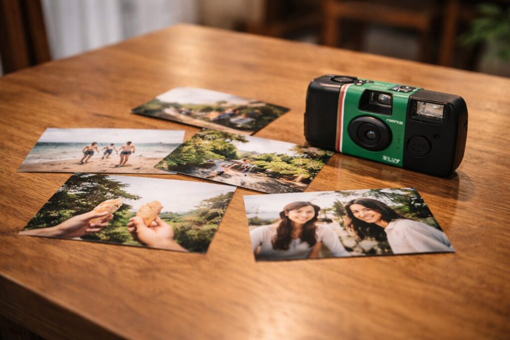 現像された写真プリントが数枚並んでいる。