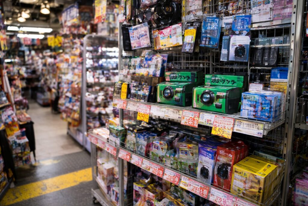 日本のディスカウントストア(ドンキ風)の雑多な店内。