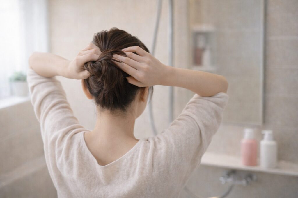 シャンプーを使う前に髪を整えて準備している様子。