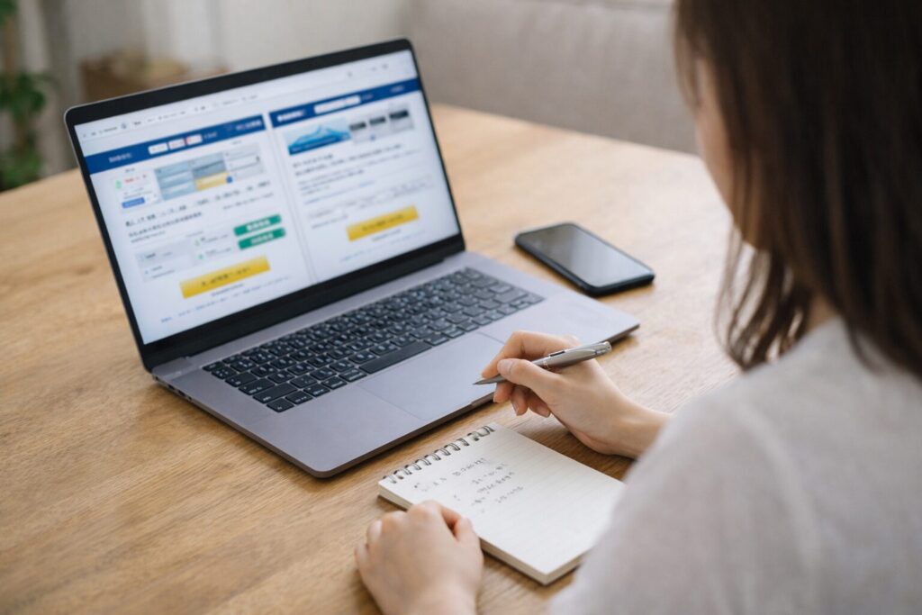 予約サービスの違いを整理しながら確認している様子