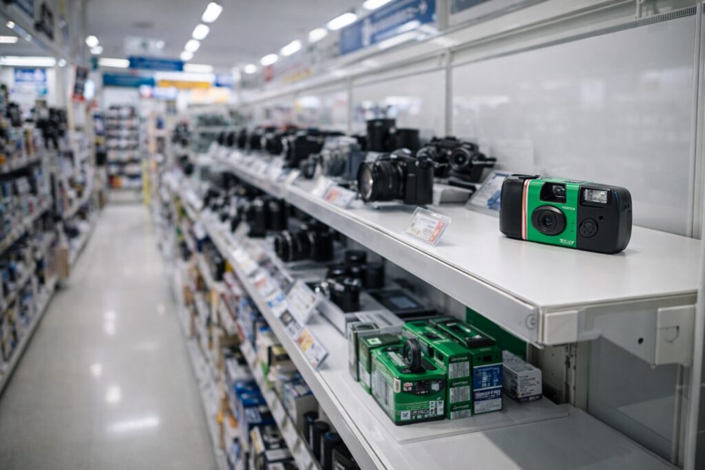 明るい日本の家電量販店のカメラコーナー。