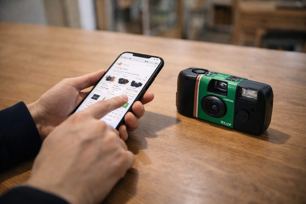 日本人の手元がスマートフォンを操作している様子。