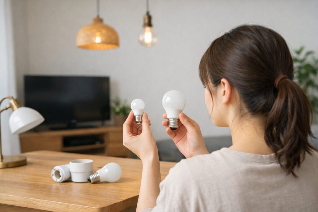 E17とE26の口金サイズを見比べて確認している様子