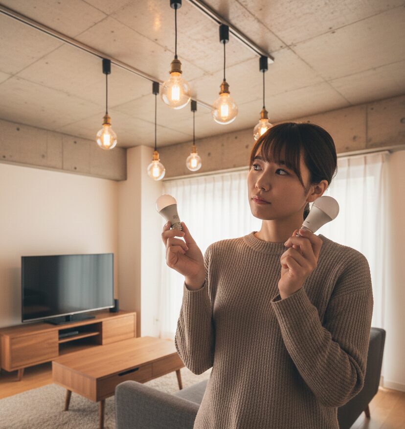 E17とE26の口金サイズを見比べて確認している様子