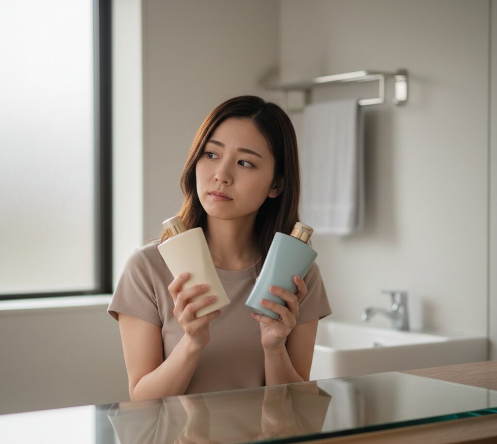 シャンプーの使い方で悩んでいる様子