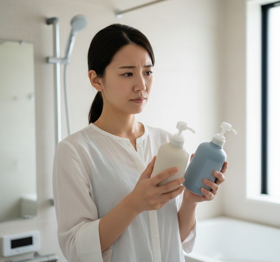 シャンプーとトリートメントの使い分けを考えている場面。