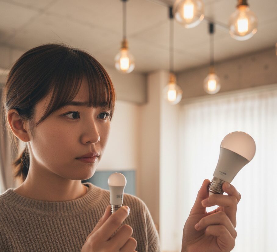 E17とE26の口金サイズを見比べて確認している様子