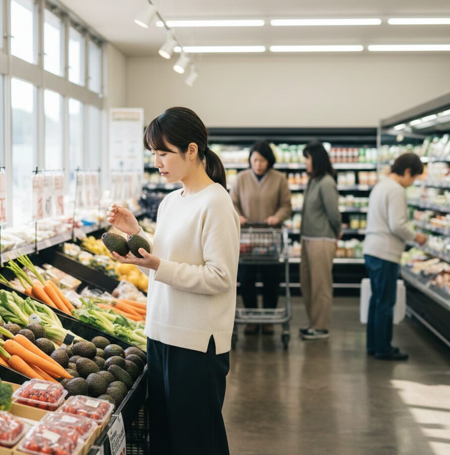 アボカドを選ぶ前に状態を確認している様子