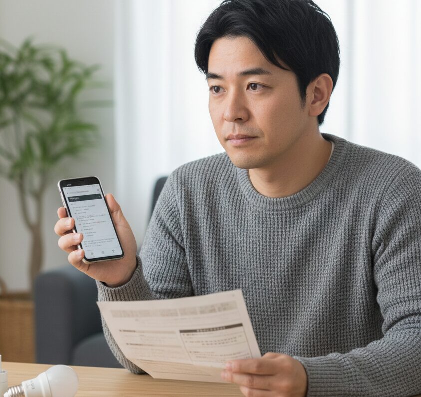 E17とE26の変換方法を調べながら判断している様子