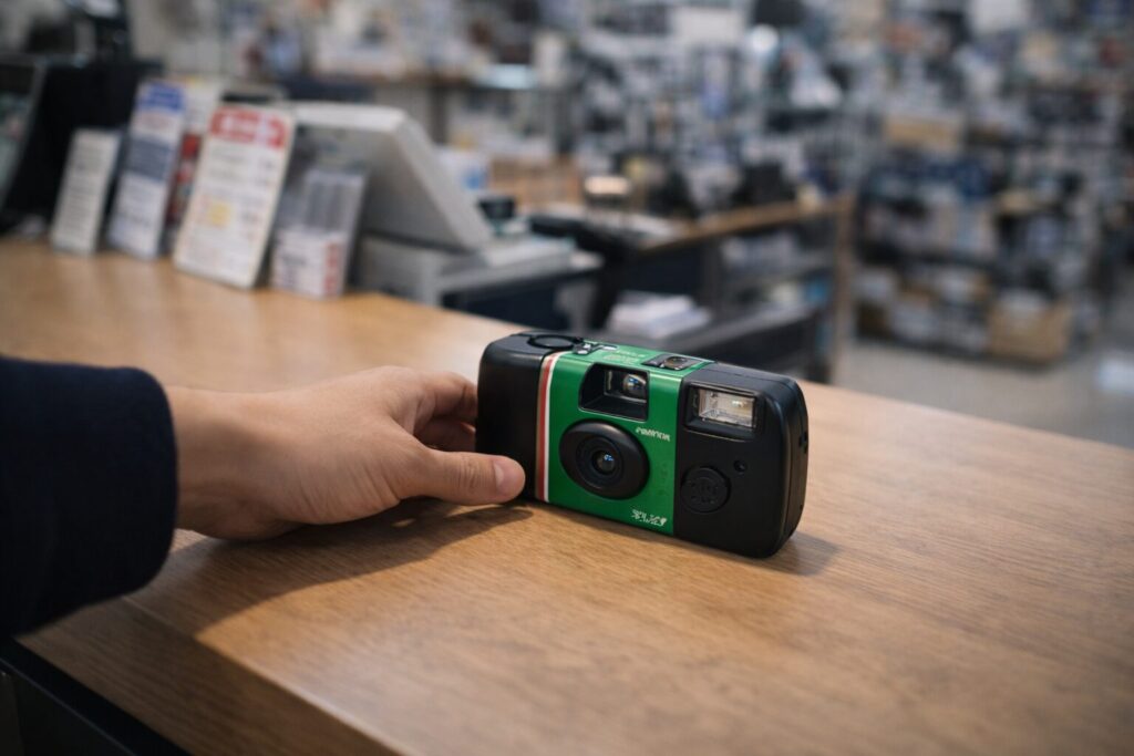 日本のカメラ店の受付カウンター。