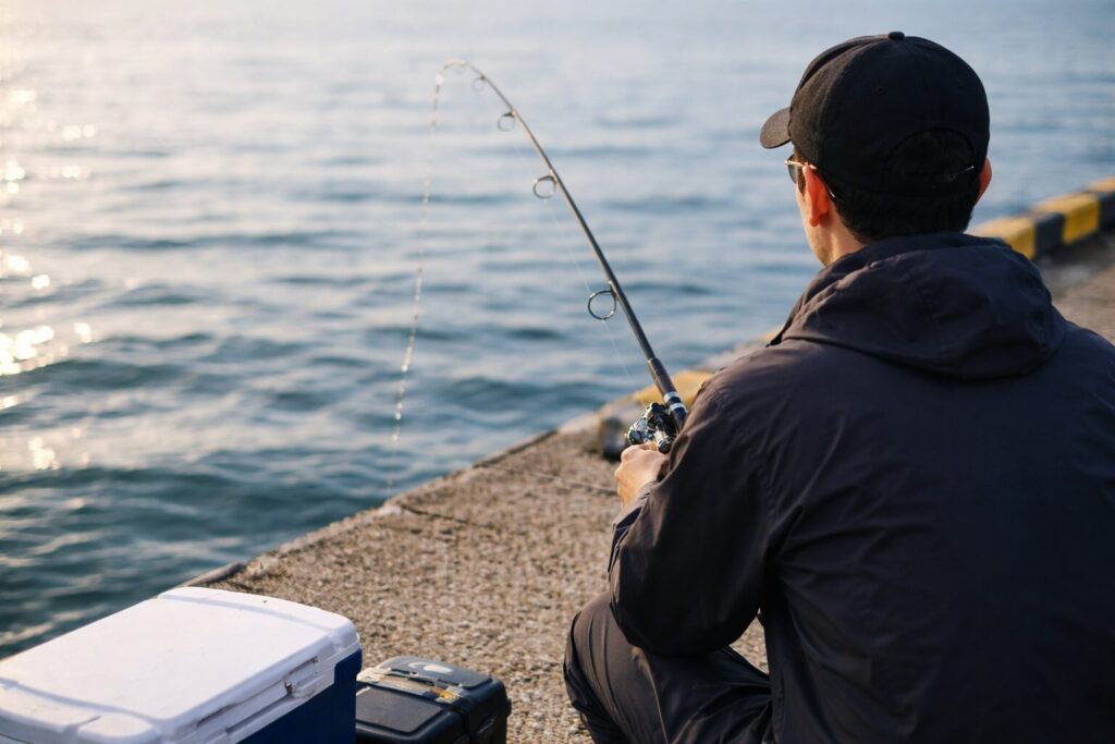 堤防でサビキ釣りをしている様子
