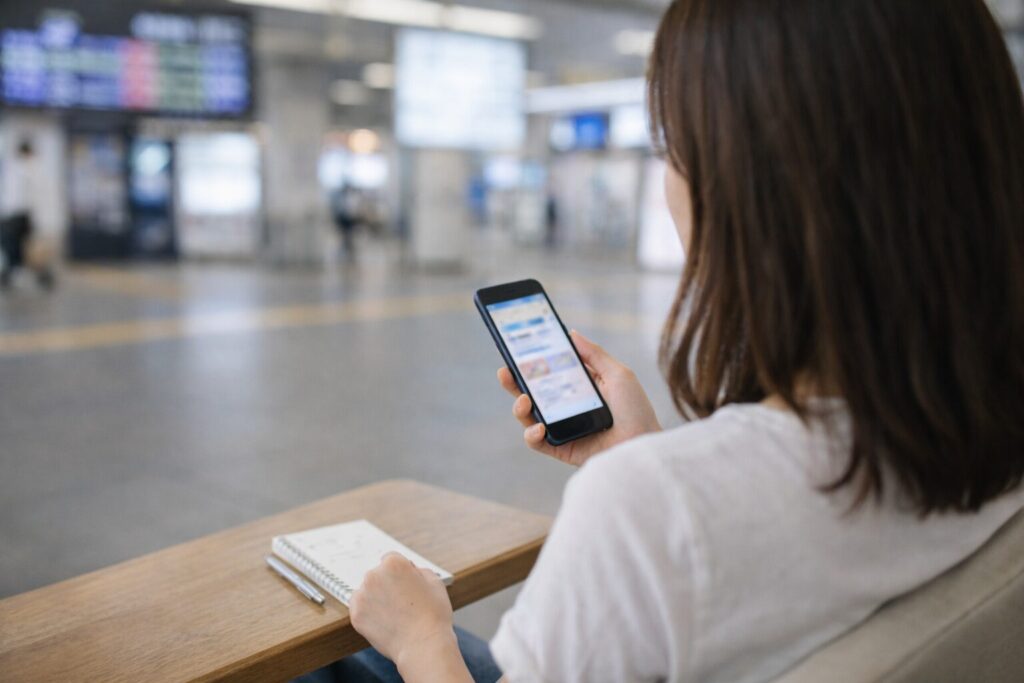 移動前に予約サービスの選び方を考えている様子