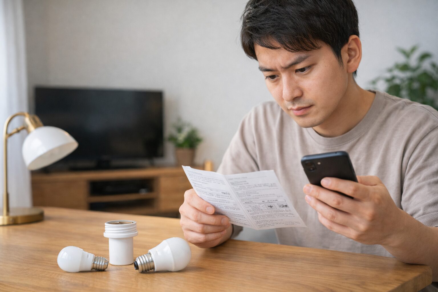 E17とE26の変換方法を調べながら判断している様子