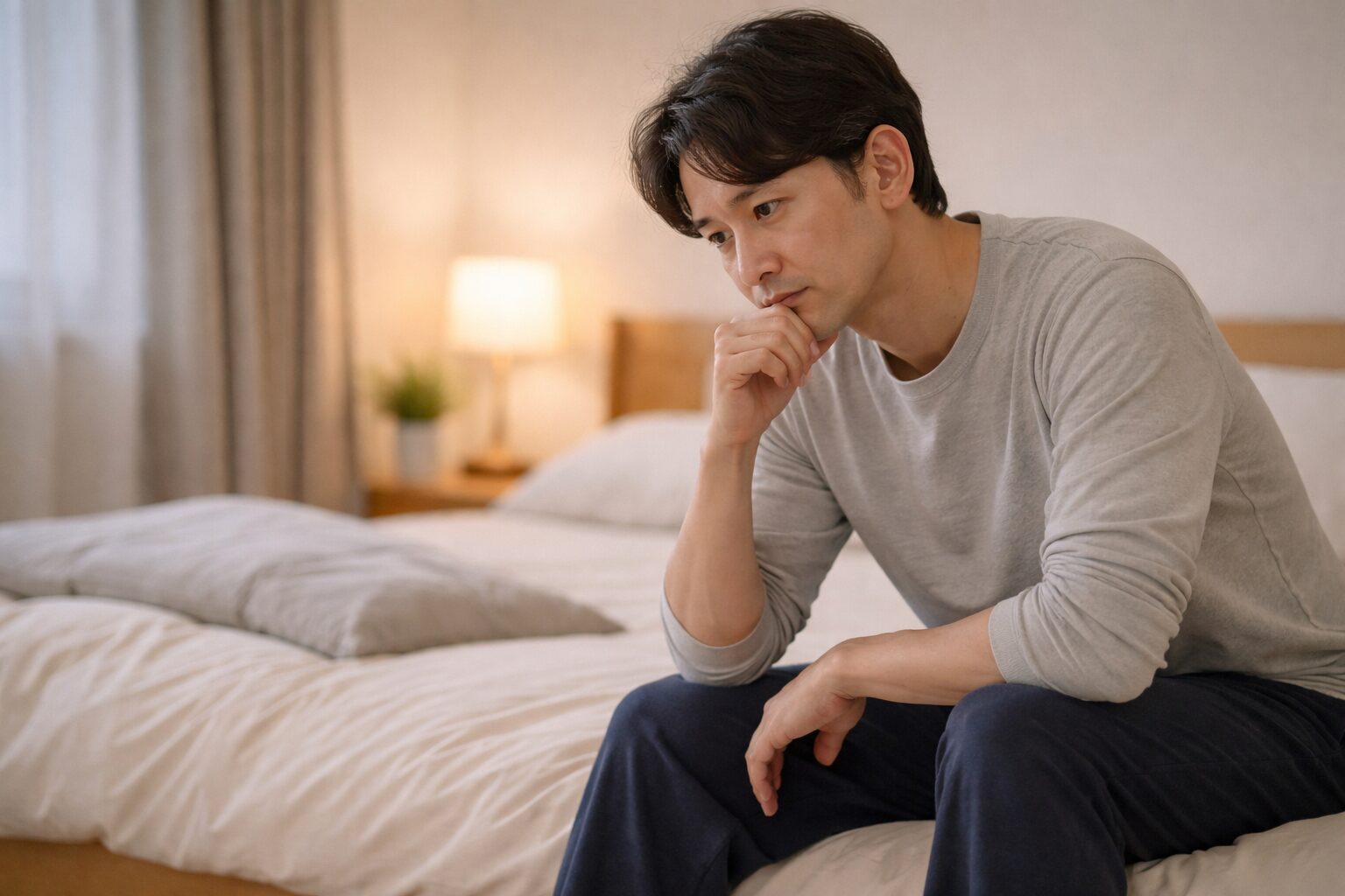 いびき対策として自分に合うかを考えている就寝前の様子