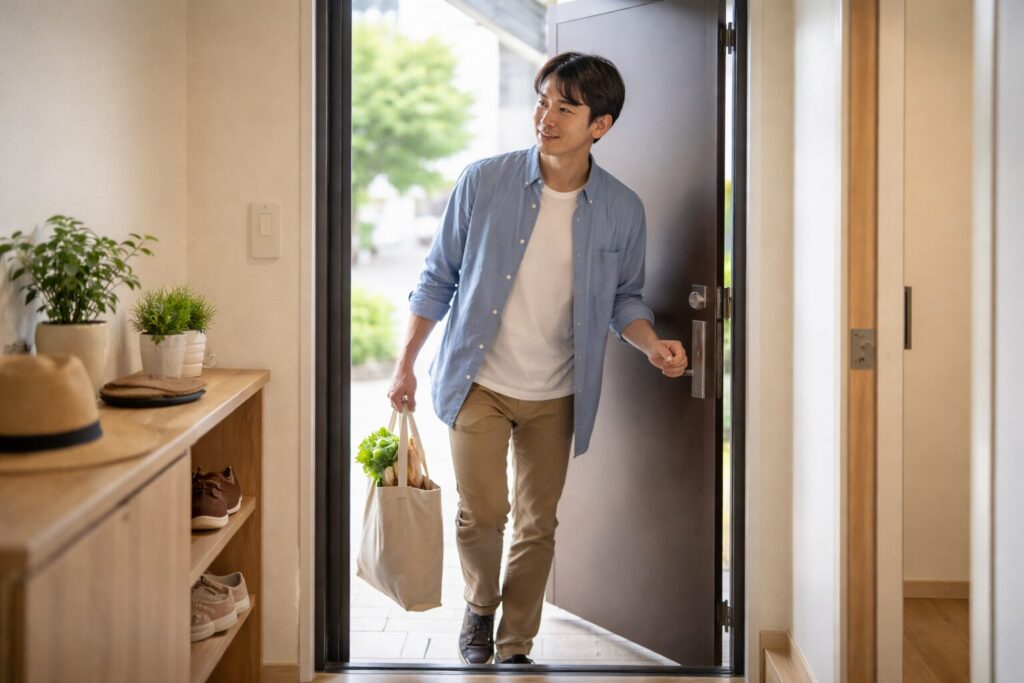 1階住戸から荷物を持って出入りする様子