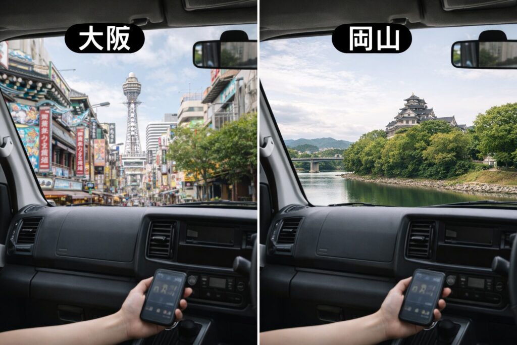 大阪の典型的な象徴する街並みと岡山の象徴する街並みを車の中から見ている