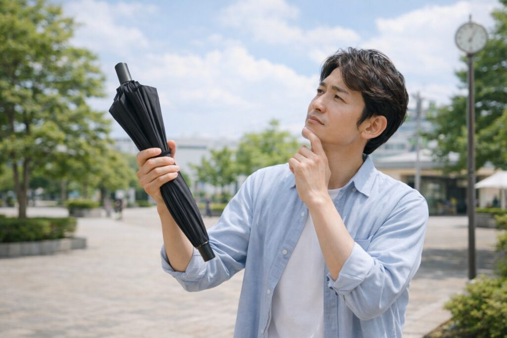 日傘と雨傘の兼用タイプを選ぶかどうか考えている様子