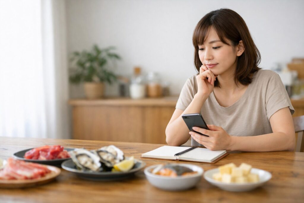 亜鉛を含む食べ物を選ぶ際に、複数の食材を見比べて考えている場面