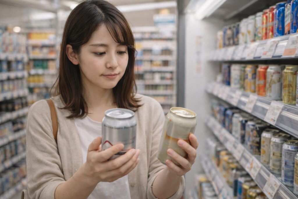店頭で価格を確認しながらビールを選んでいる様子。