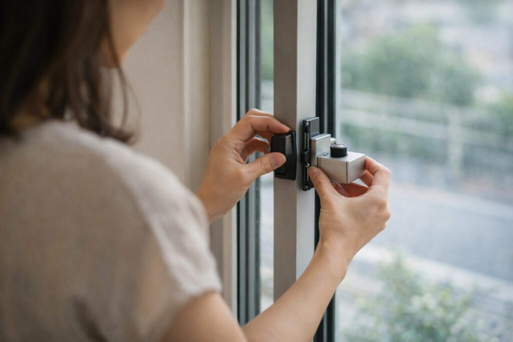 窓の鍵や補助錠を確認している様子