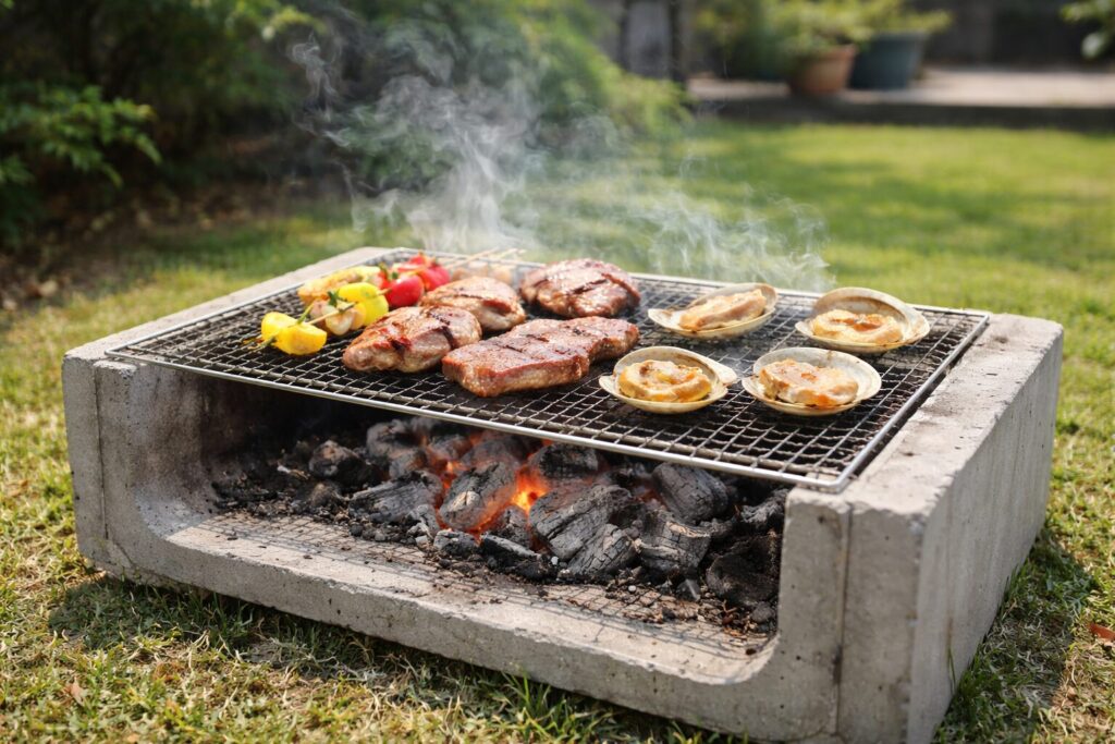 U字溝でバーベキューしている様子