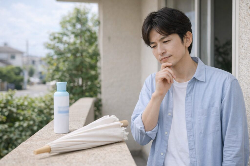 日傘に防水スプレーを使うべきか検討している様子