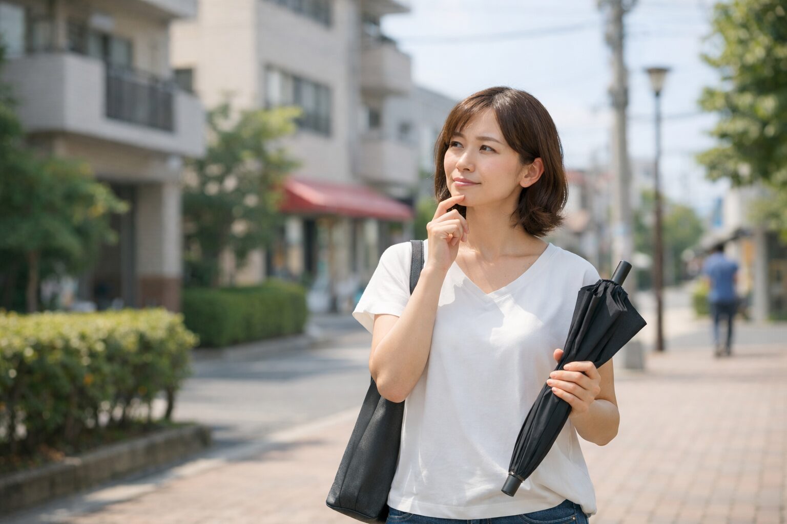 日傘と普通の傘の違いを考えながら、どちらを使うか迷っている様子