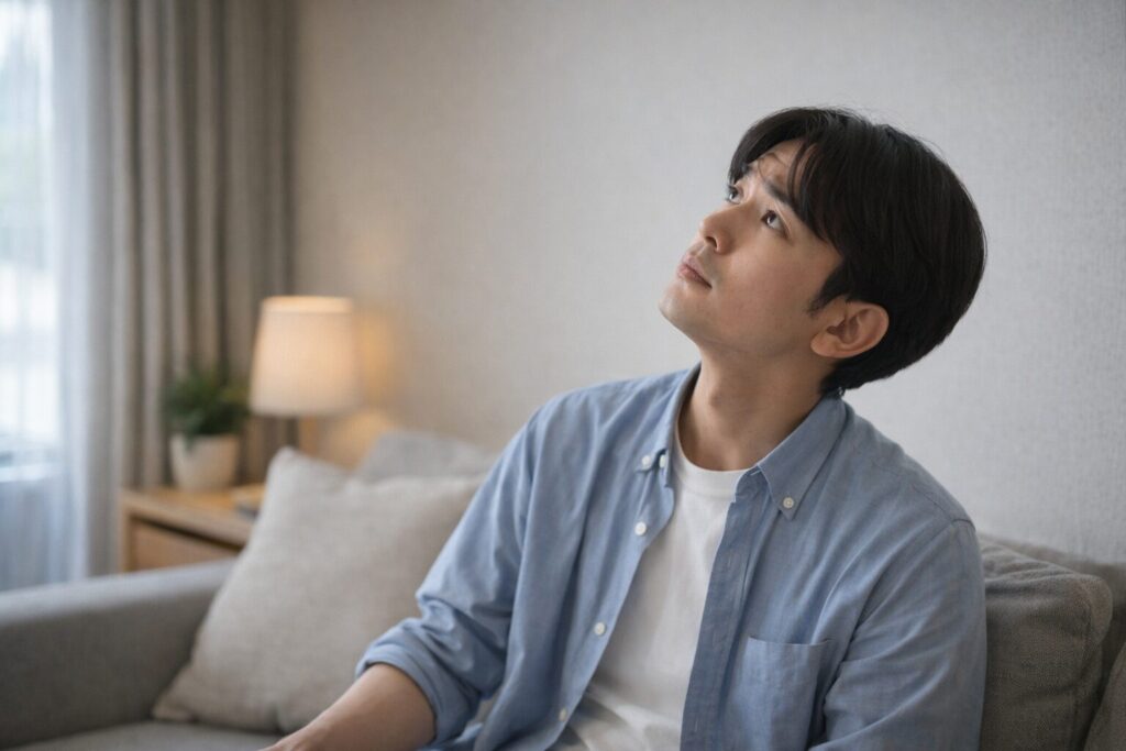 上階の音を気にして天井を見上げている様子