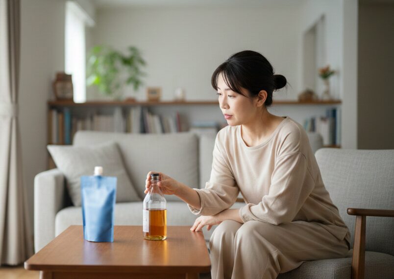 睡眠対策として飲み物を検討している様子