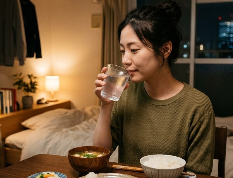 一人暮らしの女性が食卓で透明なコップの水を飲もうとしている様子。