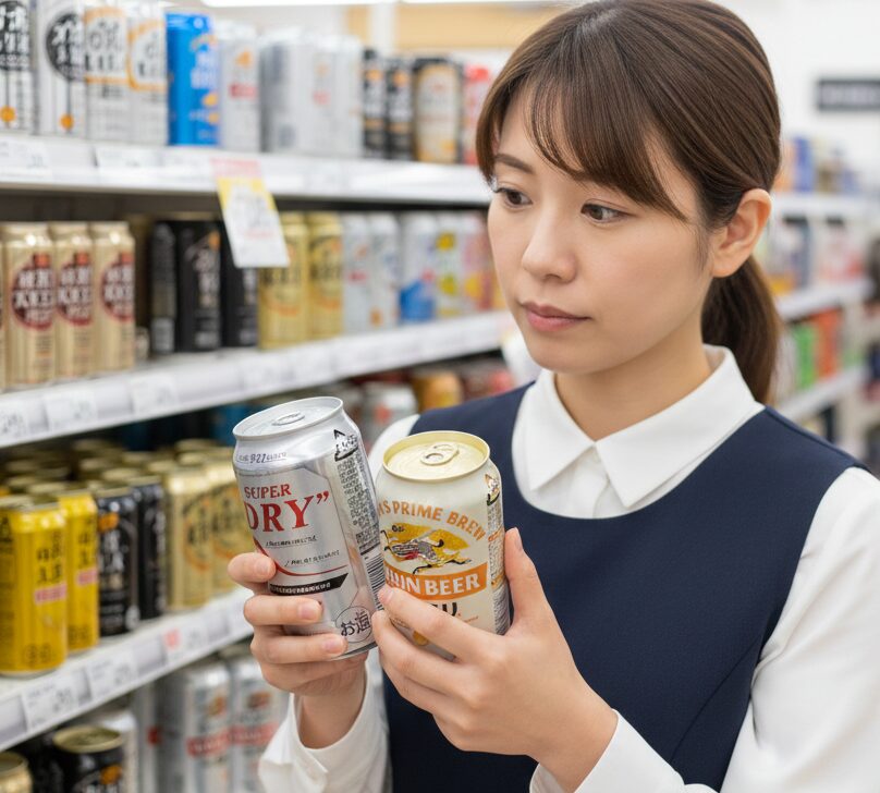 店頭で価格を確認しながらビールを選んでいる様子。
