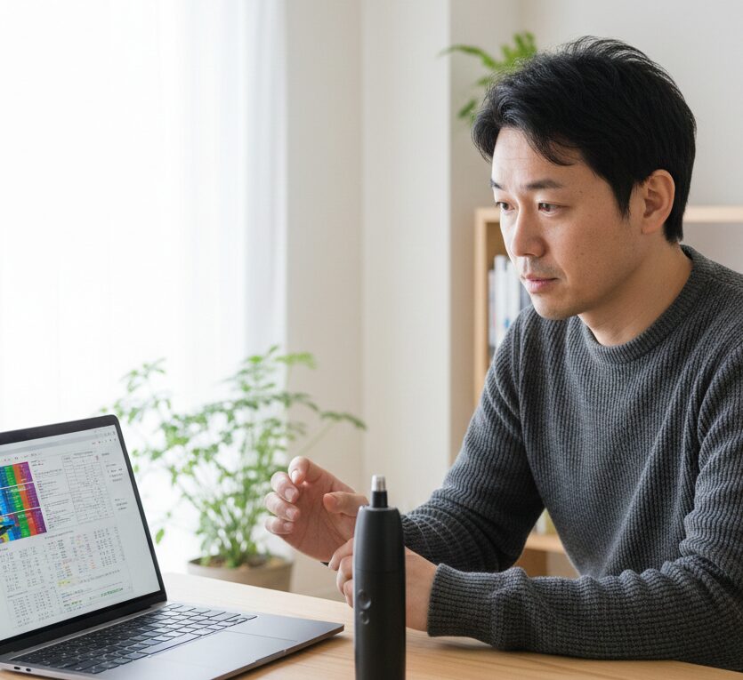 パソコンで製品情報を調べながら確認している様子