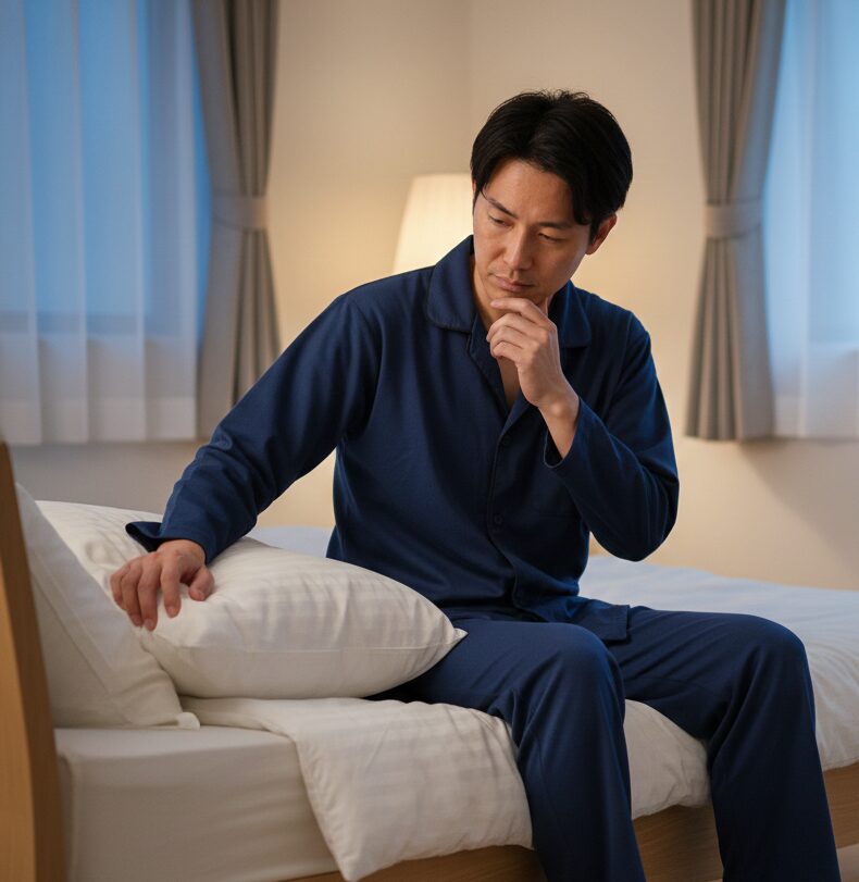 いびきの原因について考えている就寝前の様子