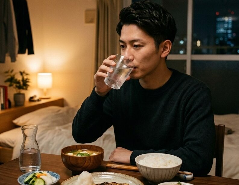 家族で夕食を囲みながら透明なコップの水を飲もうとしている様子。