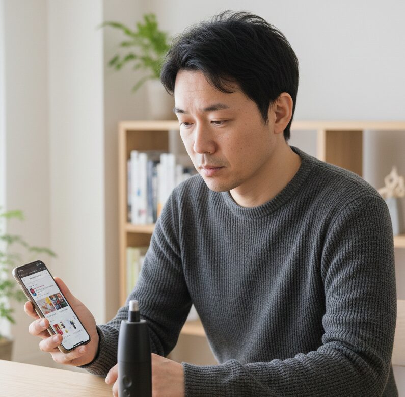 スマートフォンで価格を確認しながら商品を検討している様子