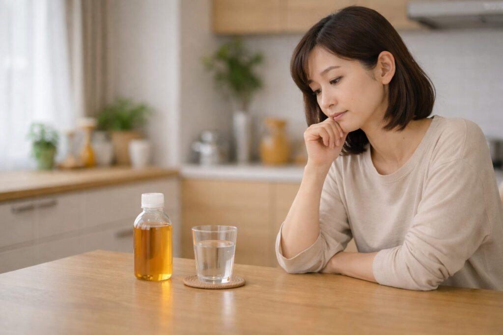 睡眠対策として飲み物を検討している様子