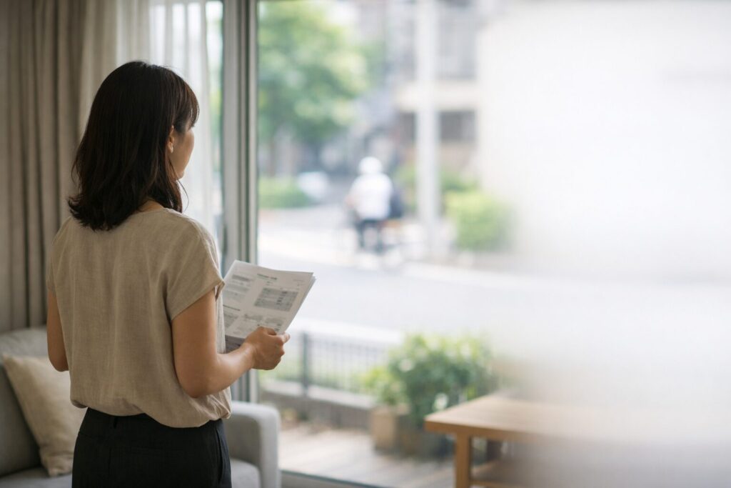 賃貸1階物件を内見しながら外の様子を確認している女性の様子