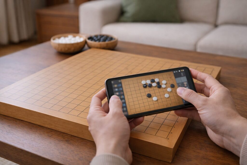囲碁アプリでルールを学ぶか検討している初心者の様子