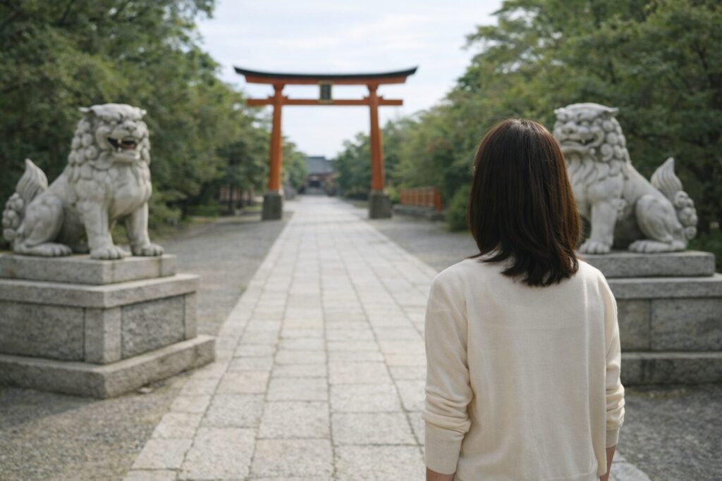 狛犬の左右や位置関係について確認しようとしている参拝前の様子